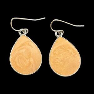 Teardrop Shaped Dangle Earrings With Swirled Peach Enamel Front & Textured Silve